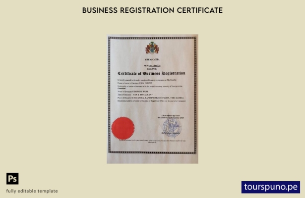 Plantilla de certificado de registro comercial de Gambia lista para imprimir